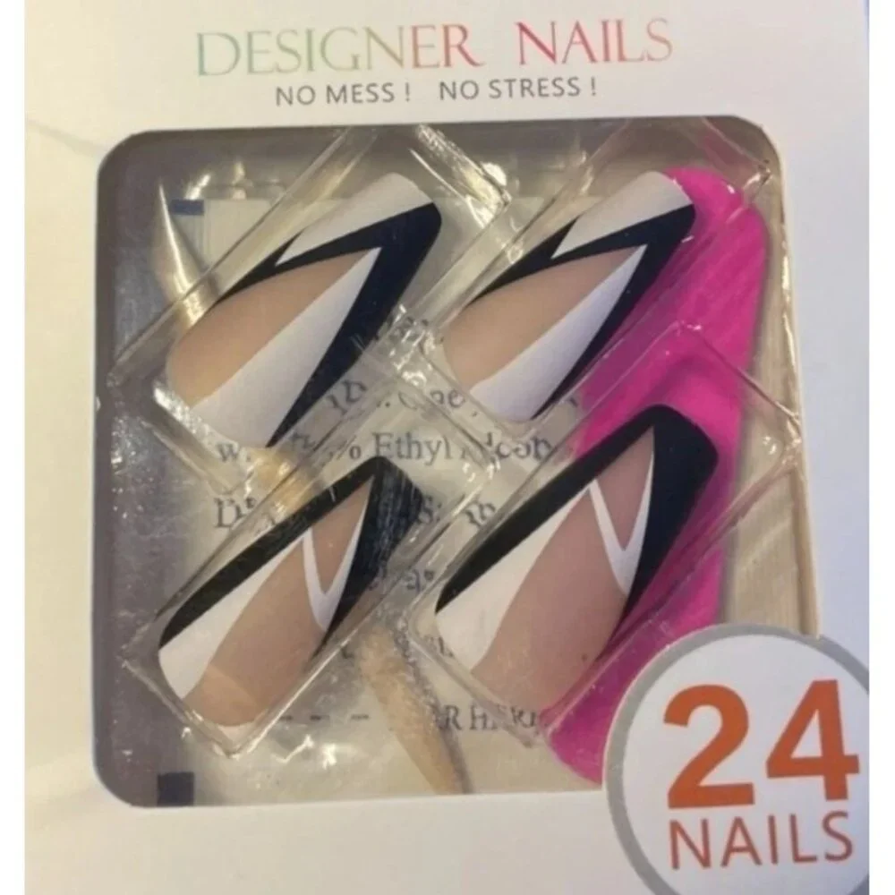 24pcs nail art nails press‎ on medium length nude black and white